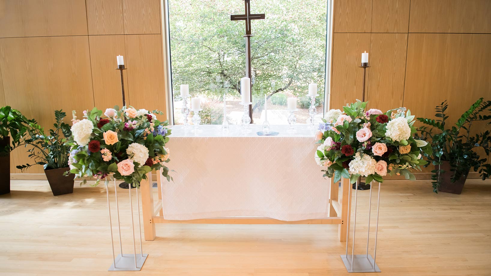 The Chapel altar with wedding flowers