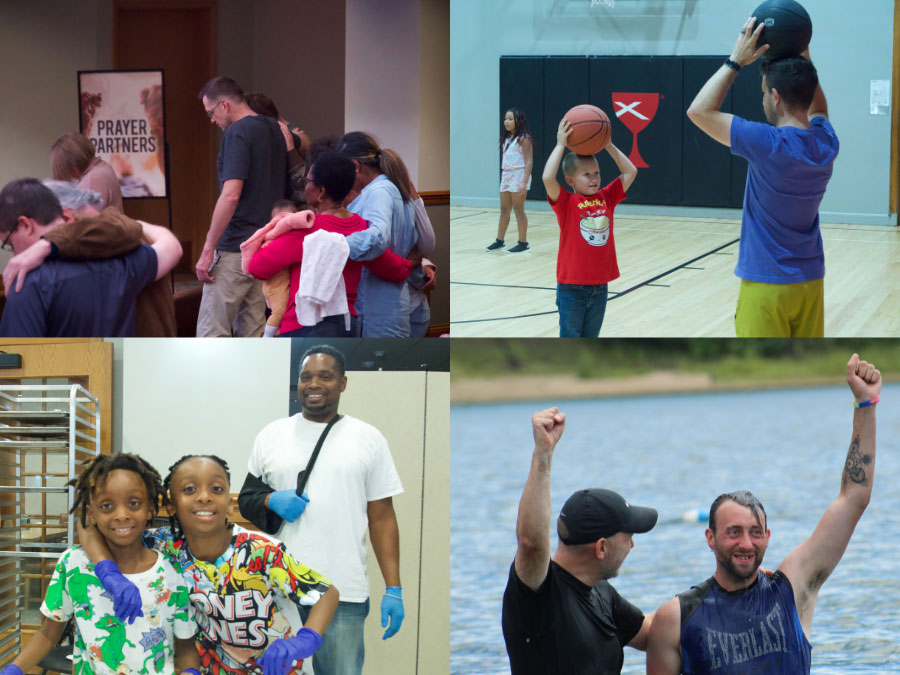 Four pictures, top left people praying together, top right a kid and an adult playing in the gym, bottom left kids serving, bottom right person getting baptized