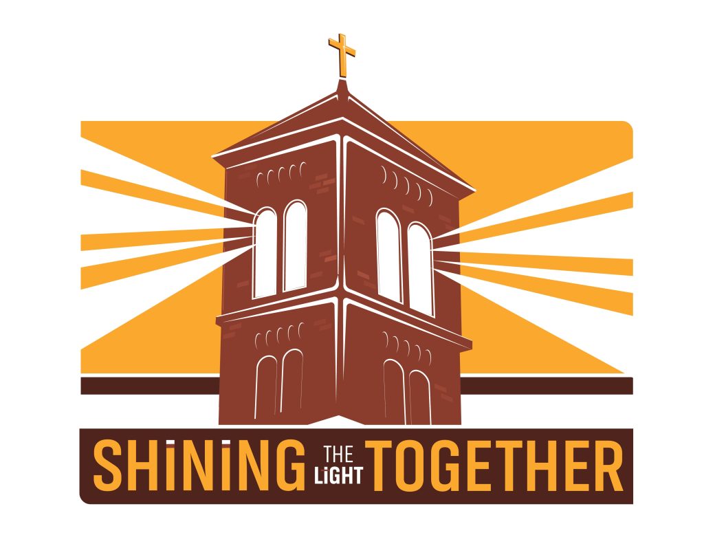 Shining the light together campaign logo of building with light shining out of it.
